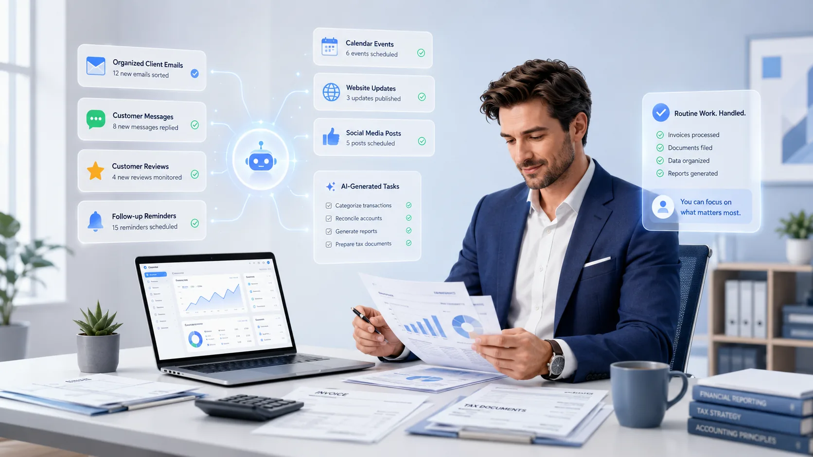 Accountant reviewing financial reports beside a laptop with RunVoya workflow cards
