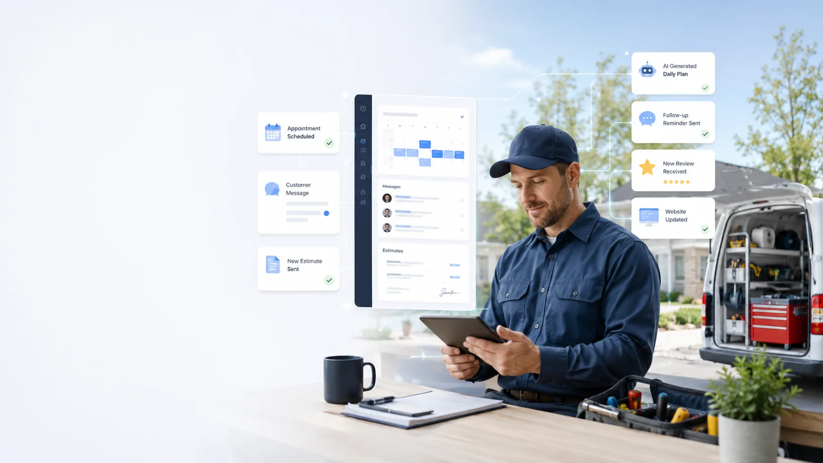 Home service professional using a tablet with RunVoya appointment and customer workflow panels