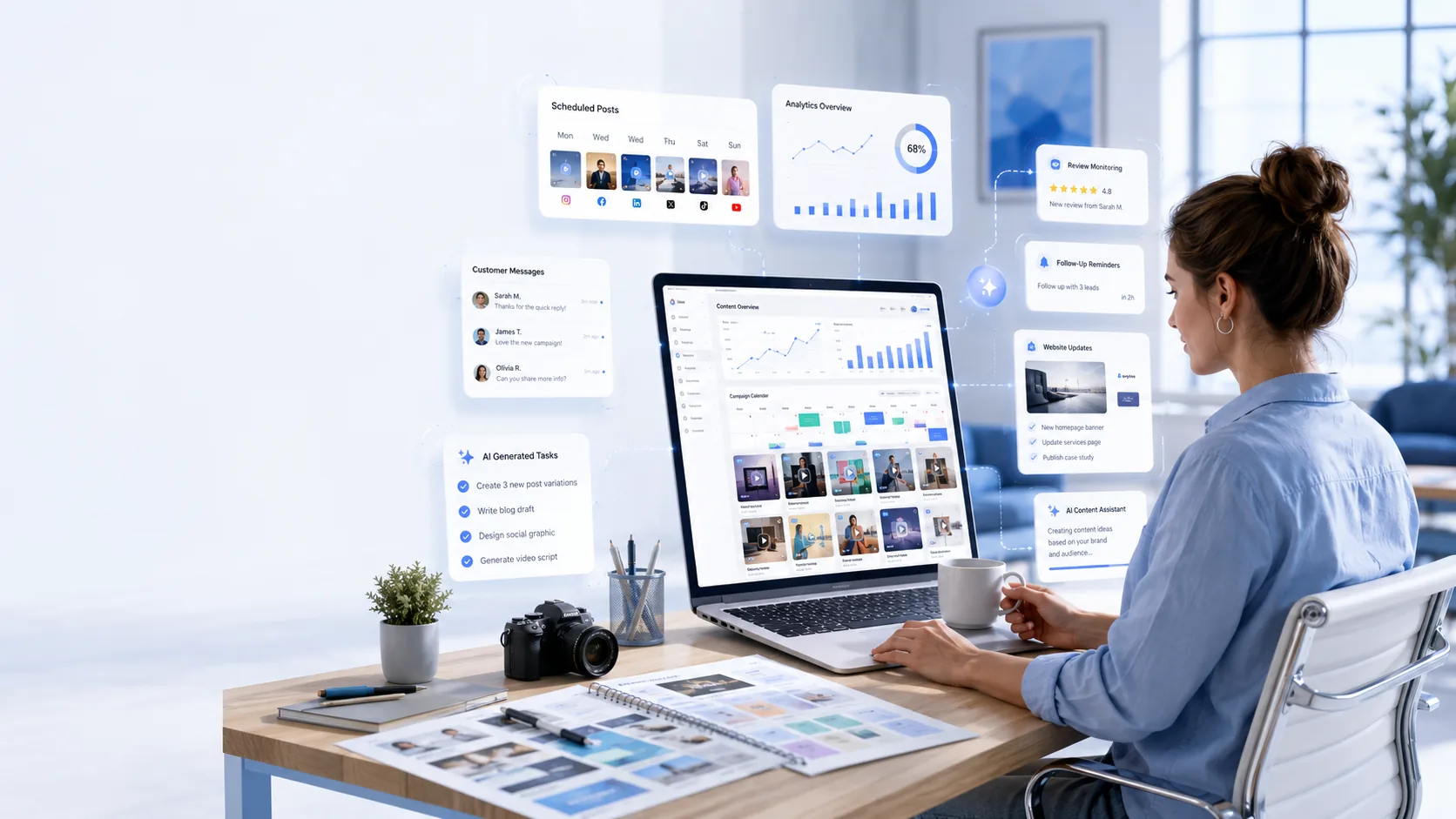 Marketing professional reviewing campaign analytics with RunVoya content workflow panels